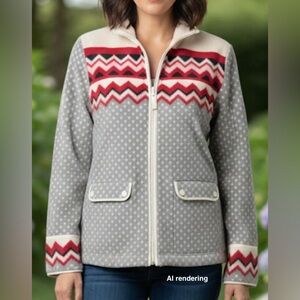 TALBOTS Cream Gray Pink Red Polka Dot & Zig Zag Fleece Zip Front Jacket | Large